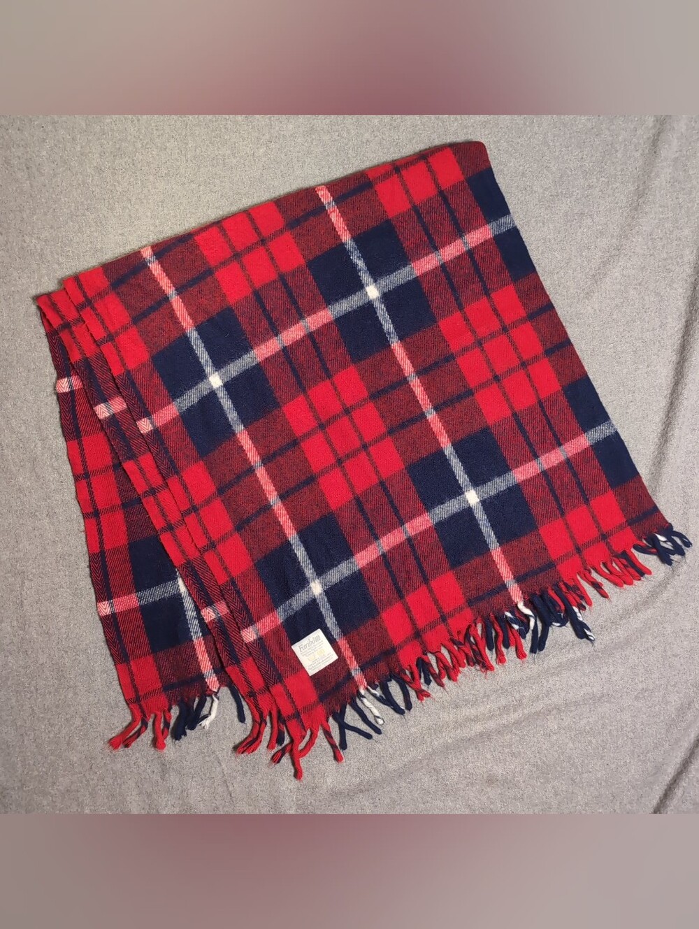 Vintage Faribo Red Navy Plaid Fringe Throw Blanket USA Made Cabin Coquette